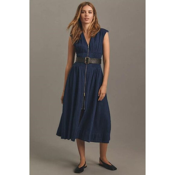 Anthropologie Dresses & Skirts - ANTHROPOLOGIE Women's The Tommie Cap-Sleeve Smocked Front-Zip Shirt Dress Size M